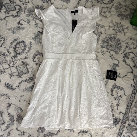 Lulus Flirtatious in Florence White Ruffled Eyelet Cotton Mini Dress Size Medium - Picture 2 of 8